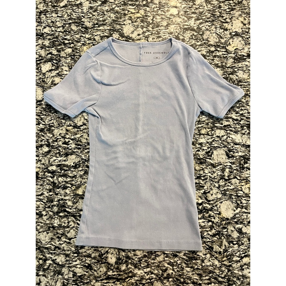Free Assembly Womens‎ Ribbed Short Sleeve Crew Neck Tee Light Blue XS